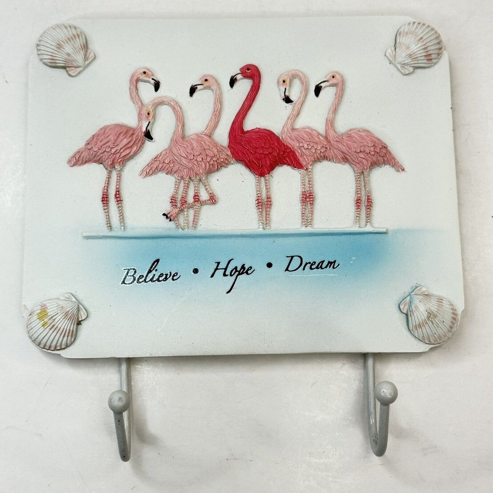 Young’s Inc Pink Flamingo Wall Hook #16874 Believe Hope Dream 5x4" Seashells